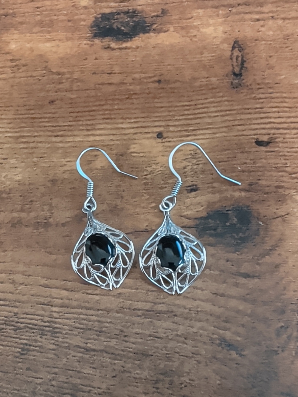 Silver Tone Filigree Drop Earrings with Black Stone